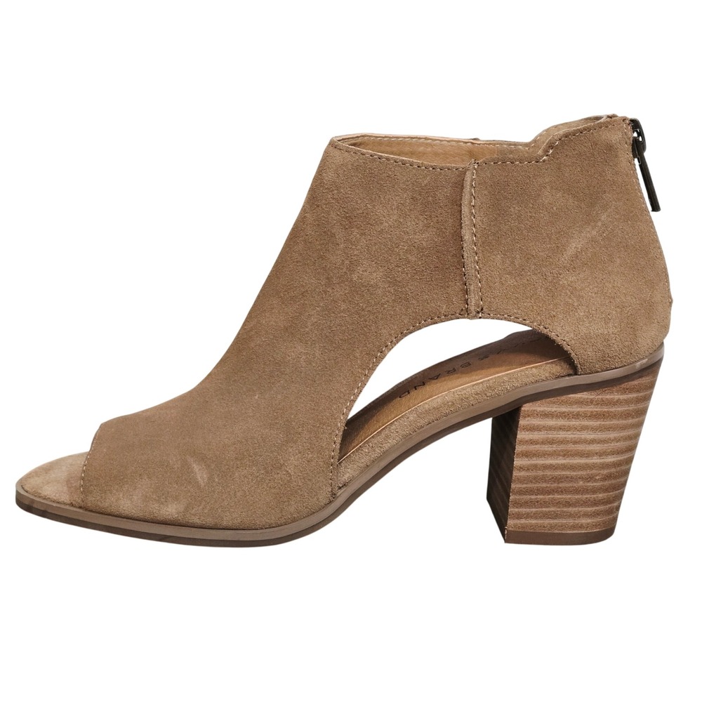 Lucky Brand Tan‎ Suede Peep Toe Cutout Block Heel Booties Size 6.5M 37